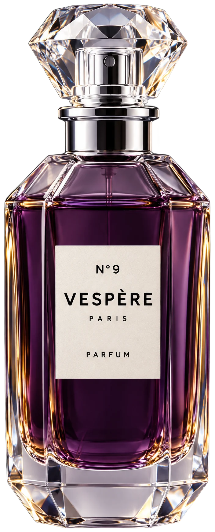 Vespère N°9 bottle with ivory label reading N°9 Vespère Paris Parfum