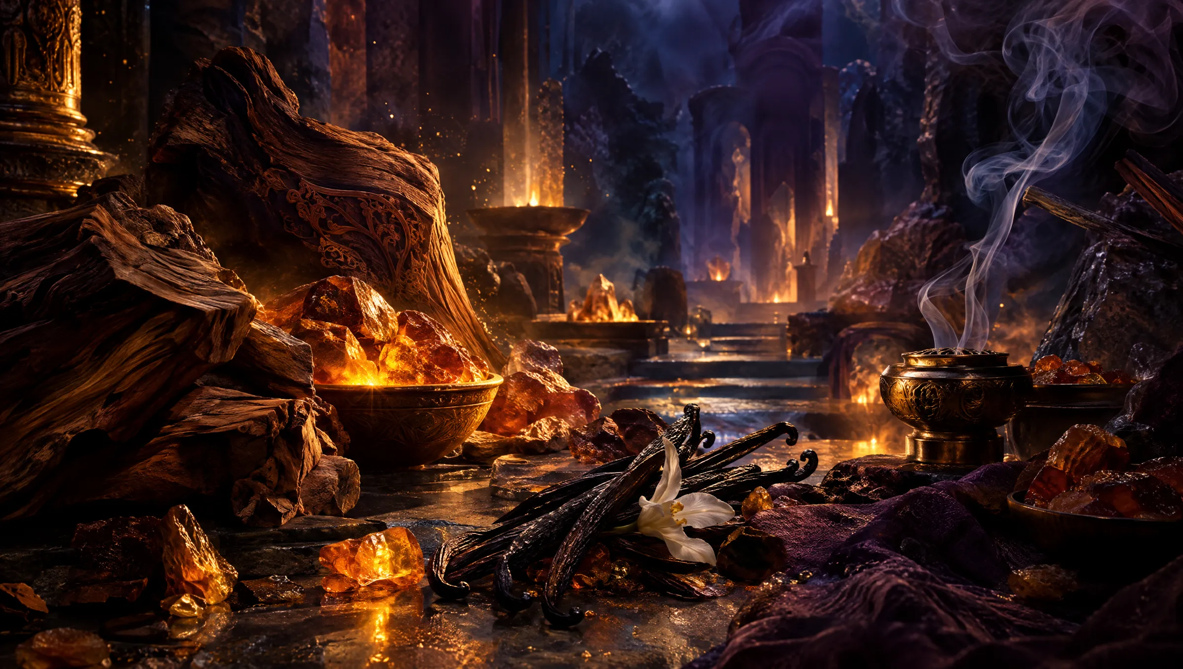 Sanctuary of sandalwood and glowing amber resin with incense smoke