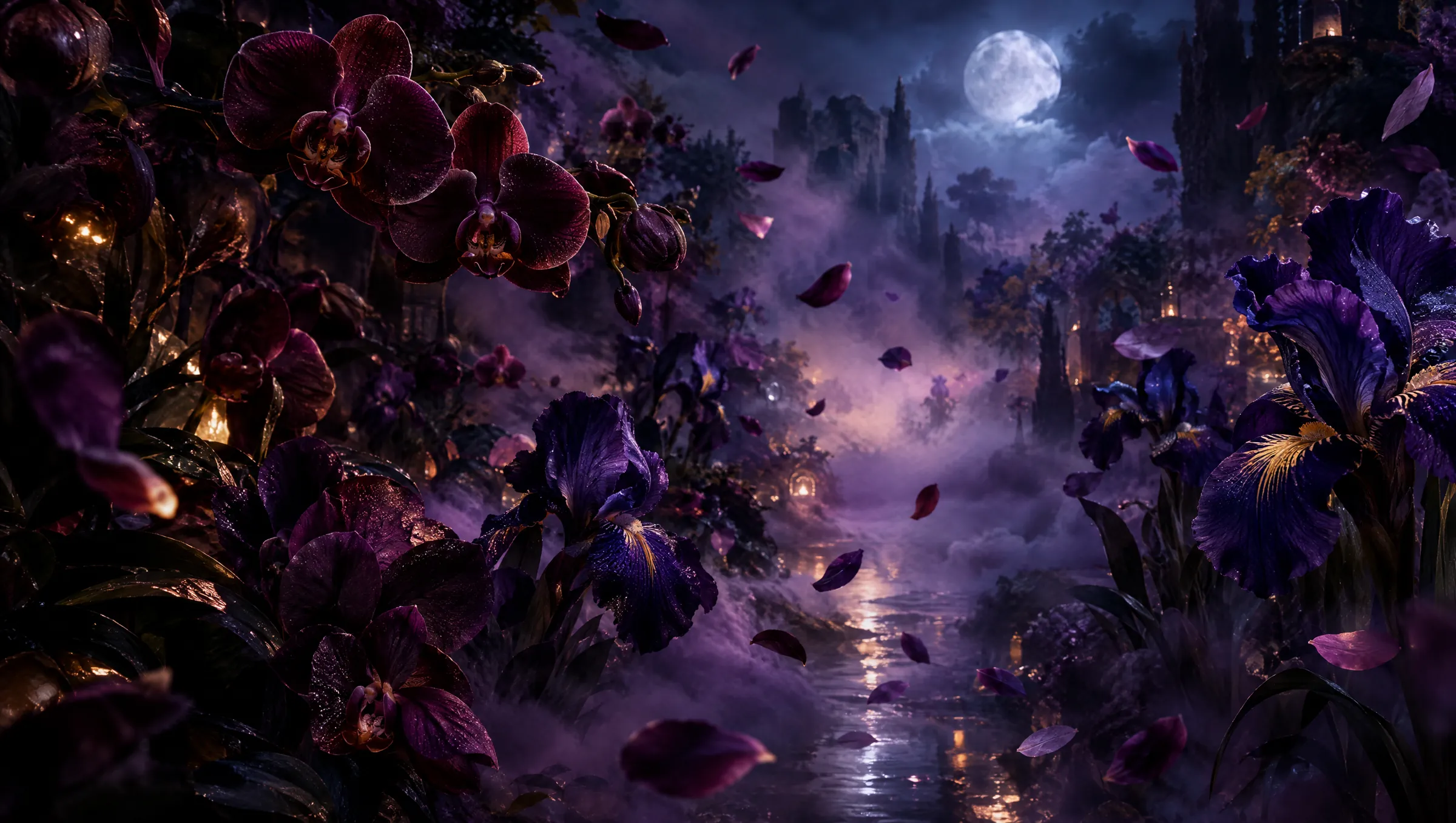 Nocturnal garden of plum orchids and irises in moonlit mist