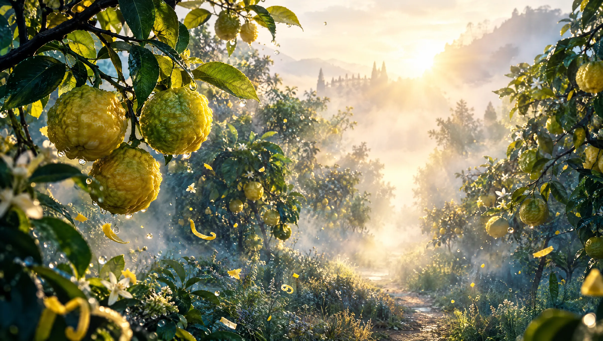 Misty bergamot grove at first light