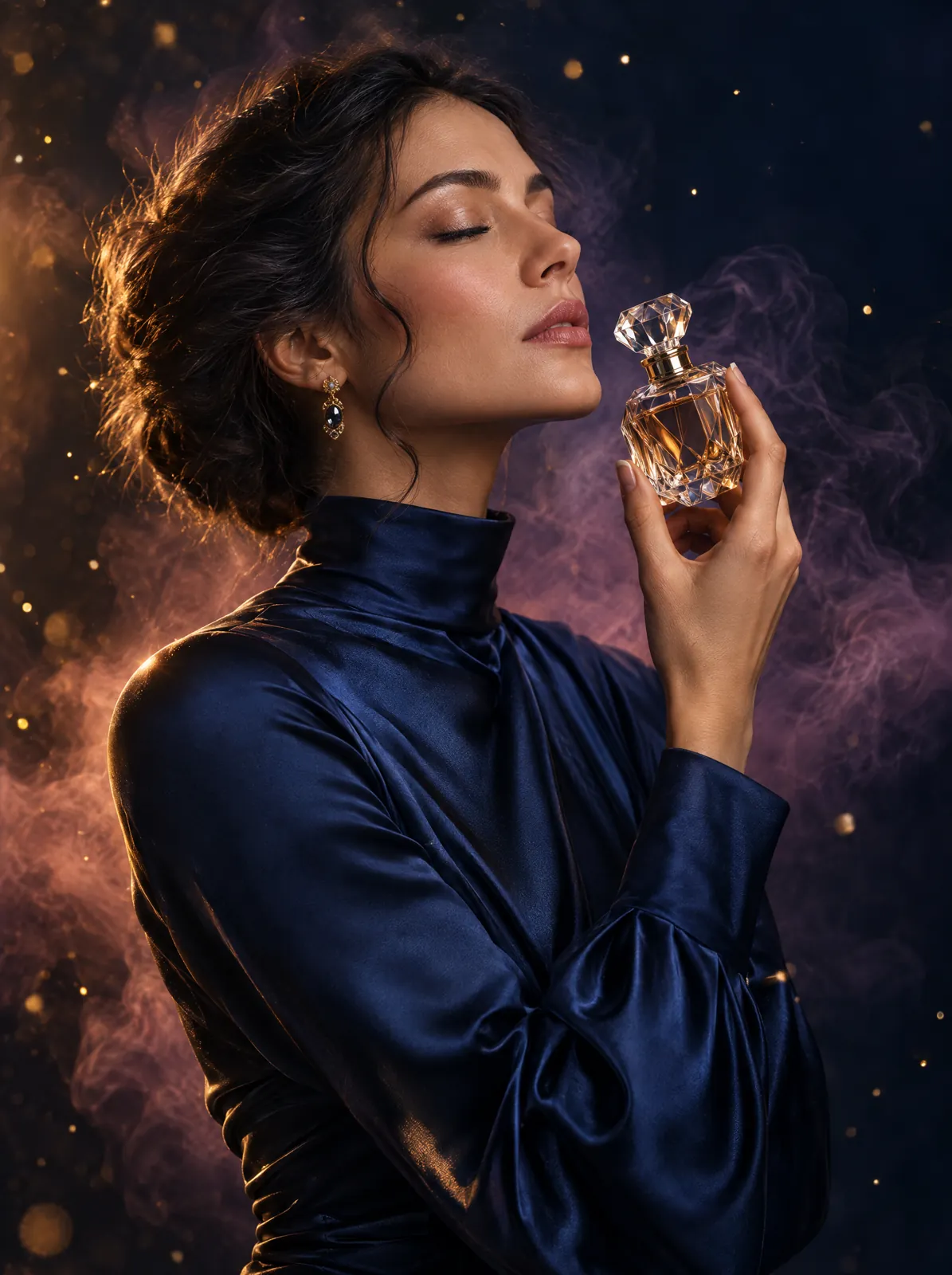 Woman in a midnight blue silk dress inhaling the Vespère flacon